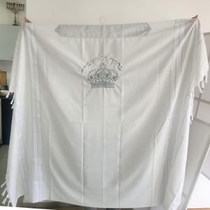 Handmade Silver & White Embroidered Tallit Prayer Shawl - Bar Mitzvah Gift