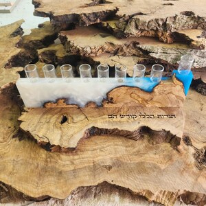 Hanukkah Menorah from Israel - Olive Wood & Epoxy Chanukiah Gift -Engraved Hebrew Menora for Jewish Home -Celebrating the Miracle of Hanukka