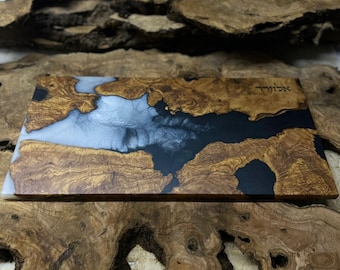 Tabla de jalá epoxi de madera de olivo personalizada: regalo judaico artesanal