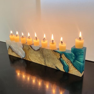 Hanukkah Menorah -Handmade of Epoxy & Olive Wood -Modern Chanukah Menorah -Perfect Jewish Home Gift -Jewish Home Decor Chanukiah from Israel