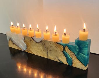 Epoxy Olive Wood Hanukkah Menorah: Modern Jewish Decor Hanukiah