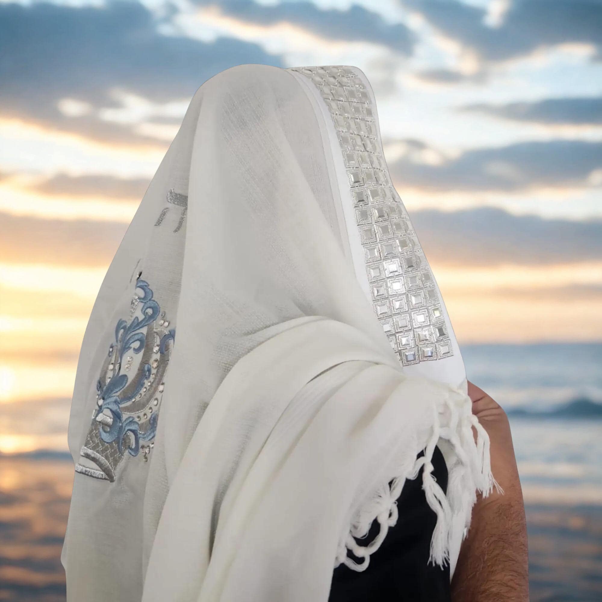 Silver Crown Wool Tallit Prayer Shawl: Swarovski Crystals Custom Name…