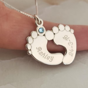 Personalized Silver Baby Foot Necklace with Name, Date, & Birthstone - 925 Sterling Silver Mother&#39;s Day Gift - New Mom Handmade Gift Idea
