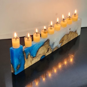 Menorah for Hanukkah Made of Epoxy & Olive Wood - Handmade Chanukiah from Israel - Jewish Home Decor from Israel - Menorah for Chanukkah