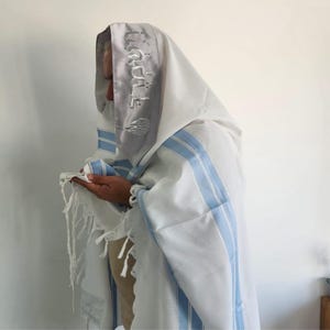 Jewish Wedding Tallit Prayer Shawl: Blue Stripes, Gray Atarah, Handmade in Israel