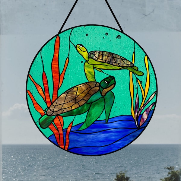 Stained glass water turtle pattern, Sun catcher turtle panel, Turtle glass art template, Water turtle pattern set