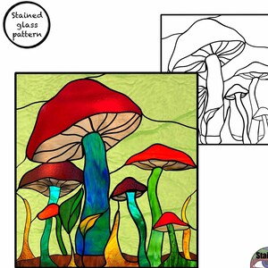 May include: A stained glass pattern featuring colorful mushrooms with red, brown, and green caps. The image includes the text "Stained glass pattern" and a black and white outline of the mushroom design. The background is light green.