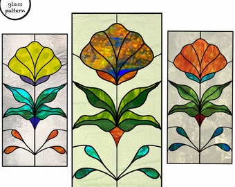 Floral pattern for stained glass, Plant design for sun catcher, Downloadable flower template for glass art, Download stained glass pattern