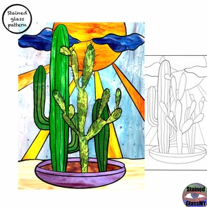 Stained Glass Cactus Pattern: Suncatcher Template (PDF Downloadable Panel A4/Resizable)