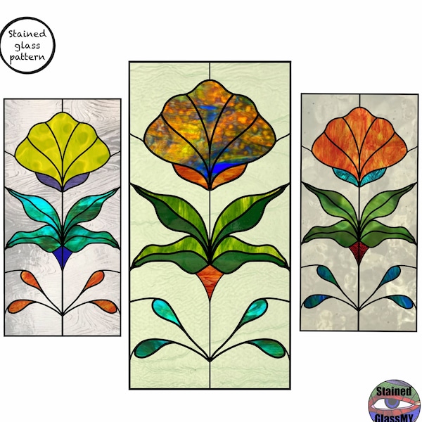 Bloemmotief voor glas-in-lood, Plantontwerp voor zonnevanger, Downloadbare bloemsjabloon voor glaskunst, Download glas-in-loodpatroon