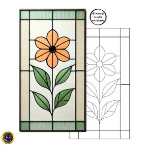May include: Stained glass panel featuring an orange flower with green leaves and a black center. The panel is framed with a dark border and includes the text "STAINED GLASS PATTERN". A line drawing of the flower is also shown.
