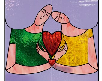 Stained Glass Valentine Suncatcher Pattern: Couple Holding Heart (Digital Download)