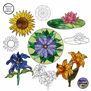 Stained Glass Flower Patterns: Suncatcher Panel Set (PDF, JPG)
