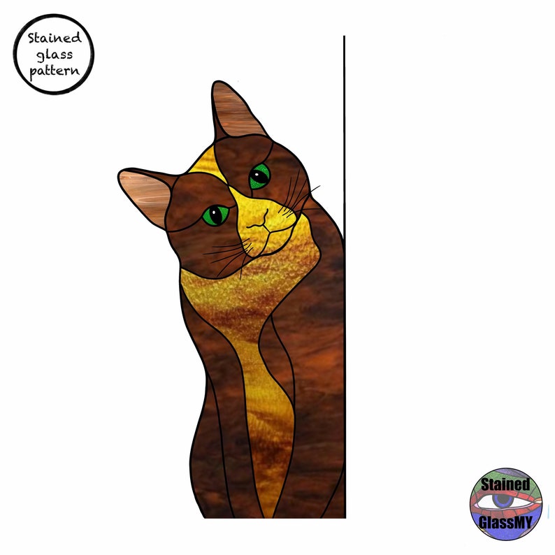 May include: Stained glass pattern of a brown and yellow cat with green eyes, looking over its shoulder, against a brown background.