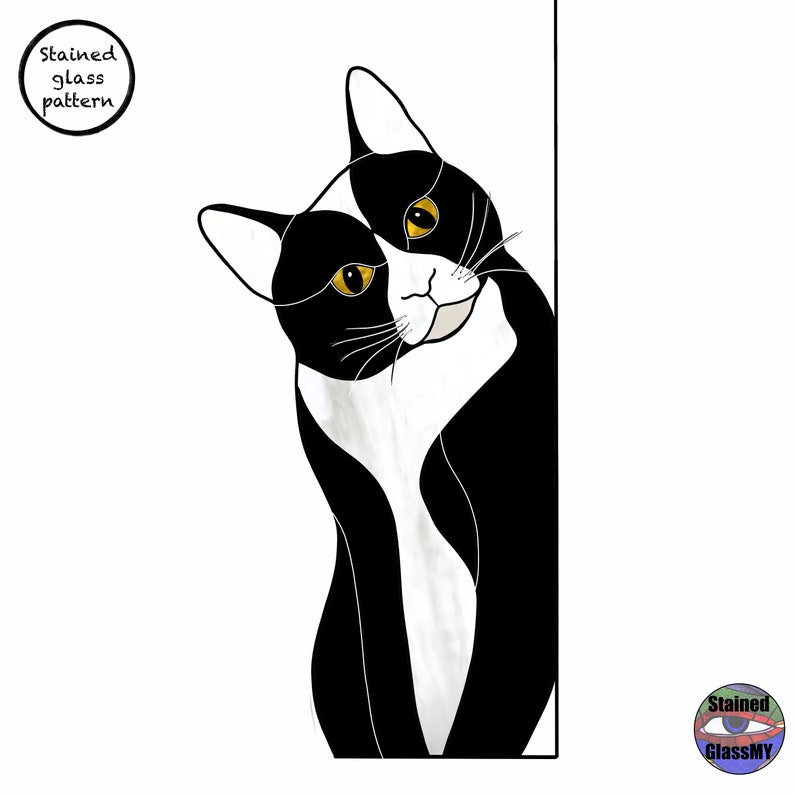 May include: Black and white stained glass cat pattern. The cat is looking to the right and has yellow eyes.