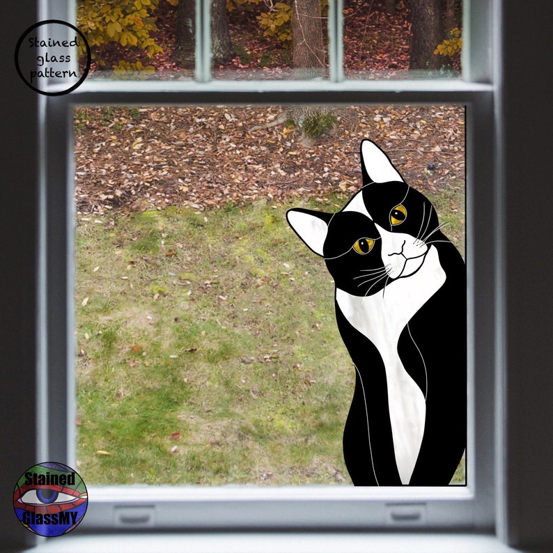 May include: A black and white cat with yellow eyes peeks through a window. The cat is looking to the left of the image. The cat is sitting on a green grassy lawn.