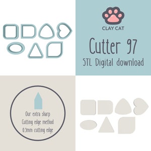 Peut inclure: Un ensemble de 7 emporte-pièces en argile de différentes formes, dont un carré, un rectangle, un ovale, un triangle, un cœur et deux formes arrondies. Les emporte-pièces sont bleu clair et sont présentés sur un fond blanc. Le texte "CLAY CAT Cutter 97 STL Digital download" est affiché dans le coin supérieur droit de l'image. Le texte "Our extra sharp Cutting edge method 0.3mm cutting edge" est affiché dans un cercle dans le coin inférieur gauche de l'image.