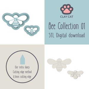 Könnte beinhalten: Zwei bienenförmige Ausstecher in Hellblau, einer groß und einer klein. Das Bild enthält den Text "Bee Collection 01 STL Digital download" und eine Grafik mit der Aufschrift "Our extra sharp Cutting edge method 0.3mm cutting edge."