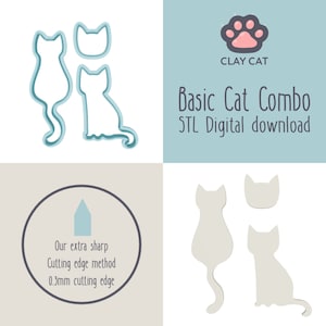 Könnte beinhalten: Bild von katzenförmigen Ausstechern und Katzenkopfformen mit hellblauer Umrandung. Das Bild enthält auch ein graues Katzenpfoten-Logo mit dem Text "CLAY CAT" über den Worten "Basic Cat Combo STL Digital download". Ein Kreis mit dem Text "Our extra sharp Cutting edge method 0.3mm cutting edge" ist ebenfalls enthalten.