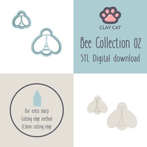 May include: A digital download of STL files for a bee-shaped cookie cutter. The image shows two different sizes of the cutter, with a paw print logo and the text "CLAY CAT Bee Collection 02 STL Digital download".