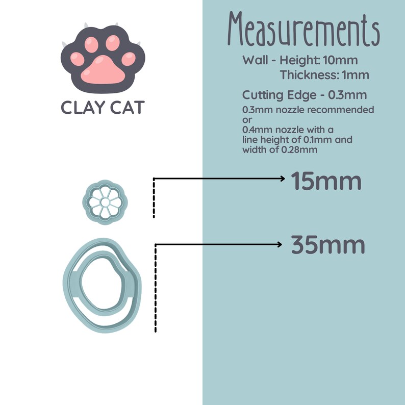 May include: A set of two clay cutters, one shaped like a paw print and the other like a flower. The cutters are 1.5 inches and 3.5 inches wide, respectively. The text "CLAY CAT" is printed on the image.