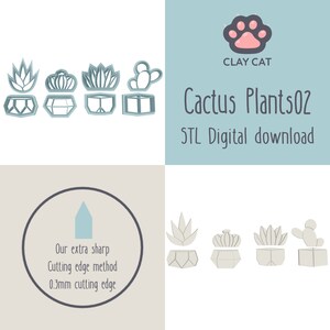 Puede incluir: Un conjunto de cuatro cortadores de galletas de cactus imprimibles en 3D. Los cortadores tienen la forma de una planta de cactus con una maceta. Los cortadores están diseñados para usar con arcilla o fondant. La imagen incluye el texto "CLAY CAT Cactus Plants02 STL Digital download".