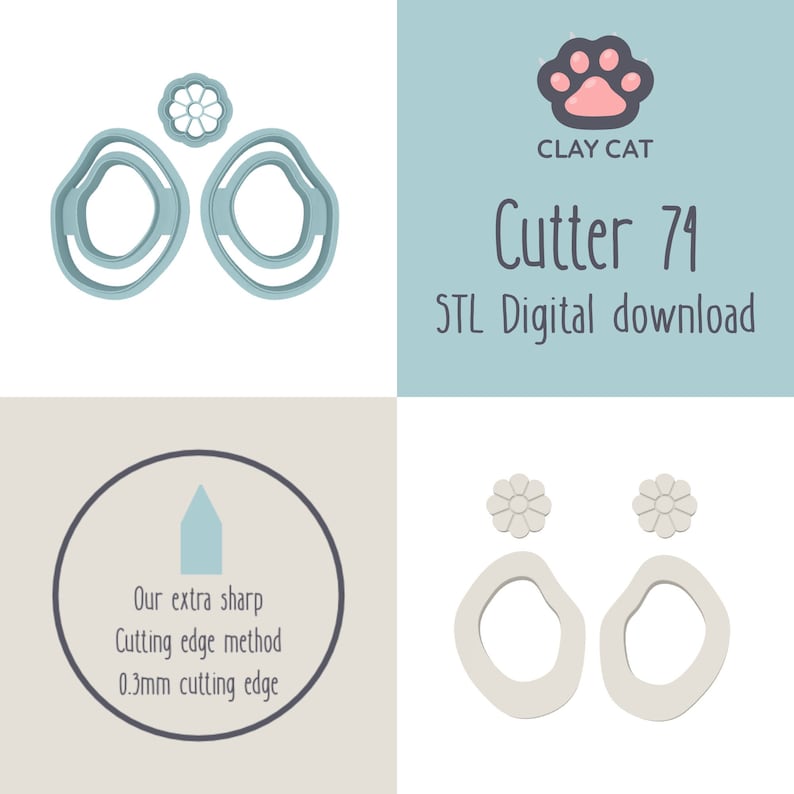 May include: A set of three 3D printed cookie cutters in light blue. The cutters are shaped like a flower and two irregular circles. The text "CLAY CAT Cutter 71 STL Digital download" is in the background.
