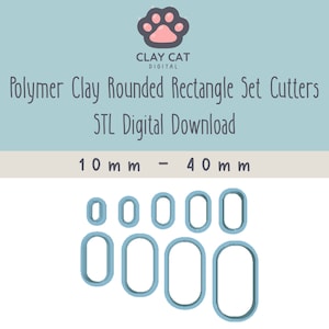 Op de afbeelding: Set van zes blauwe polymer clay-stempels in verschillende maten, variërend van 10 mm tot 40 mm. De stempels zijn rondom afgeronde rechthoeken. De afbeelding bevat de tekst "CLAY CAT DIGITAL" en "Polymer Clay Rounded Rectangle Set Cutters STL Digital Download".