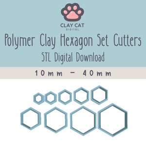 May include: Set of 8 STL digital download files for polymer clay hexagon cutters, ranging in size from 10 mm to 40 mm. The cutters are shown in blue against a white background.