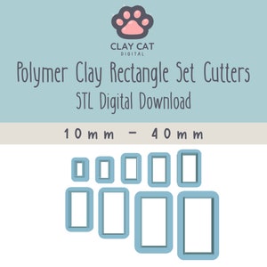 May include: Set of 7 polymer clay rectangle cutters in various sizes, ranging from 10 mm to 40 mm. The cutters are light blue and are shown on a white background.
