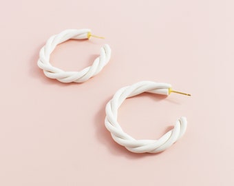 White Twist Hoop Polymer Clay Earrings | Hypoallergenic Earrings | Handmade Earrings