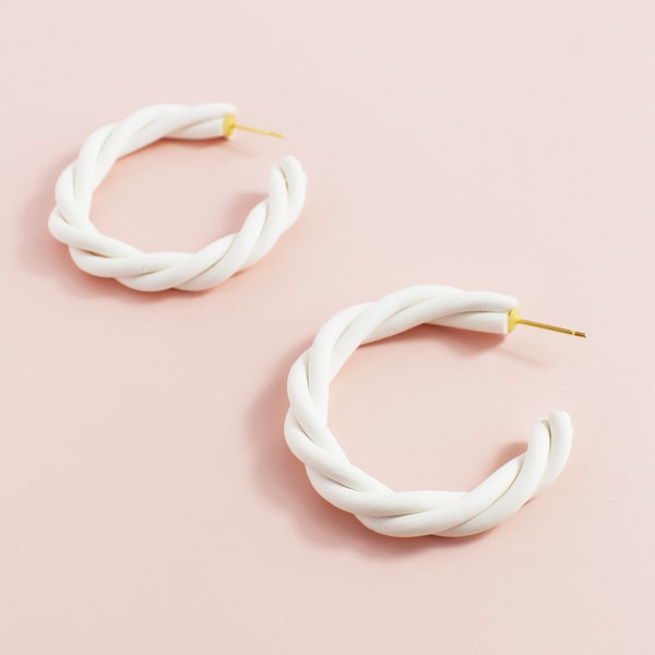 White Twist Hoop Polymer Clay Earrings | Hypoallergenic Earrings | Handmade Earrings