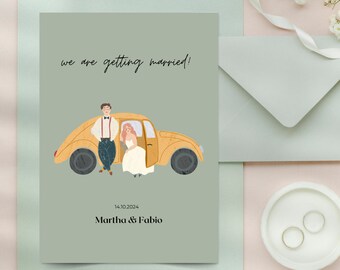 Hand drawn wedding invite, VW Beetle weddin invitation, Minimalist Wedding Invite Template, Retro Car wedding invite, Old car wedding invite