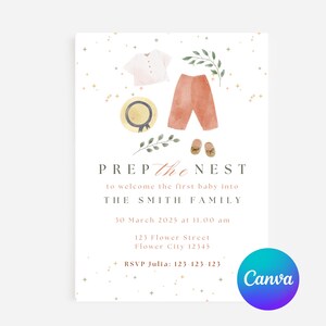 Peut inclure: Une invitation à une fête prénatale avec une illustration aquarelle d'une tenue de bébé, d'un chapeau et de chaussures. Le texte indique "Préparez le nid pour accueillir le premier bébé de la famille Smith. Le 30 mars 2025 à 11h00. 123 Flower Street, Flower City 12345. RSVP Julia : 123-123-123."