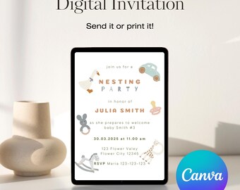 May include: Digital invitation for a nesting party, featuring a tablet displaying event details. The invitation includes illustrations of a duck, car, and other baby-themed graphics. Text on the invitation reads "Nesting Party" and "Julia Smith".
