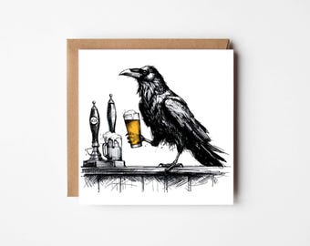 Carte d'anniversaire corbeau Carte de voeux drôle de corbeau Amoureux de corbeau Cadeau corbeau Carte d'anniversaire avec bière Carte oiseau Carte de voeux écologique