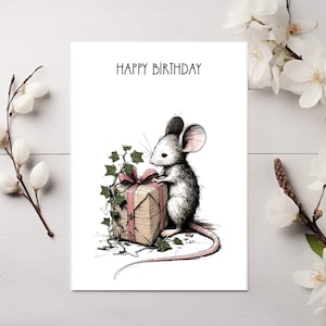 Jolie carte d'anniversaire avec une souris, carte de voeux pour amoureux des animaux, carte intérieure avec souris, carte vierge, cadeau d'anniversaire pour enfants