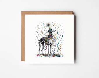 Può includere: Un biglietto d'auguri quadrato con un'illustrazione in bianco e nero di un levriero che indossa un cappellino da festa a righe colorate. Il cane è circondato da coriandoli vivaci multicolori e lunghe stelle filanti vorticose di varie tonalità.