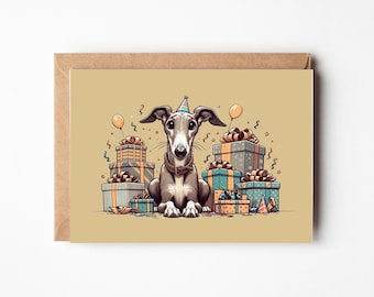 Può includere: Un biglietto d'auguri con un cane grigio e bianco che indossa un piccolo cappellino da festa colorato. Il cane è seduto davanti a una pila di scatole regalo avvolte in tonalità blu e arancioni, circondato da palloncini e coriandoli.