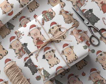 Papier cadeau de Noël avec cochons rigolos | Papier cadeau de Noël pour les amoureux des cochons | Papier écologique