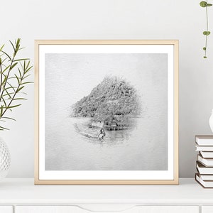 Lost in Paradise, Fishing Boat Pencil Drawing, Tropical Seascape Art, Tropical Island Getaway, Fishing Boat Pencil Drawing, Ocean View