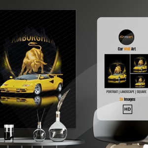 Lamborghini Countach Poster, Yellow Car Abstract Art, Digital Download, 3 Sizes,  Car Wall Decor Download, Digital Art, digital wall art