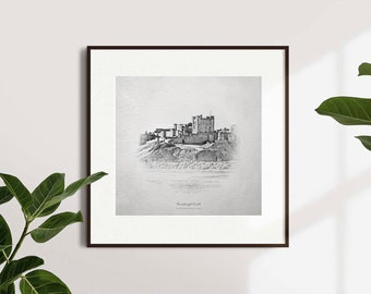 Pencil Drawing of Bamburgh Castle in Beautiful Northumberland, Digital Art Print, Bamburgh Castle Pencil Sketch, British Heritage Wall Decor