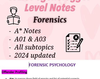 May include: AQA Psychology A Level Notes for Forensics. The notes cover A* content, A01 & A03, all subtopics, and are updated for 2024. The notes include a section on Offender Profiling, which discusses the aim of offender profiling, the role of professional profilers, and the use of careful examination of the crime scene to generate a hypothesis about the offender's characteristics.