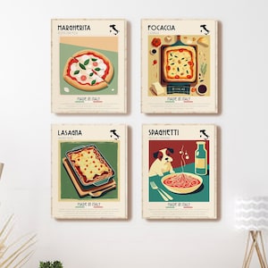 Set of 4 Italian Food Print, Kitchen Wall Set, Italy Food Poster, Spagetti ,Pizza Poster, Lasagna Print Cafe, Focaccia Art, Digital Print