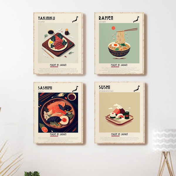Set of 4 Japanese Food Poster, Kitchen Wall Set, Sushi Print, Ramen Poster,Yakiniku Wall Art, Sashimi  Print, Cafe Art,Digital Print,Bar Art