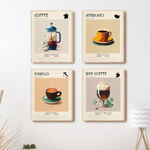 Conjunto de 4 pôsteres de café, impressão de café, café expresso, café francês, pôster americano, café italiano, uísque irlandês, decoração de cozinha, impressão digital