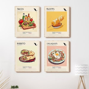 Set of 4 Mexican Food Poster, Tacos, Elotes Print, Burrito Art, Chilaquiles, Mexican Cuisine,Digital PrintiMexican Wall Art, Kitchen Decor,