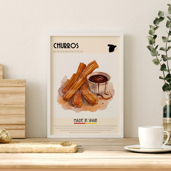 Churros Poster, Spain Food Print, Modern Kitchen Wall Art, Churros Rice, Spanish Wall Decor, Minimalist Vintage Gift, Digital Print