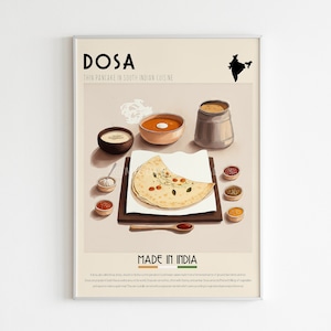 Affiche Dosa, Impression de nourriture indienne, Affiche rétro, Art mural de cuisine, Décor de café, Affiche de maison, Cadeau minimaliste, Art asiatique moderne, Impression numérique